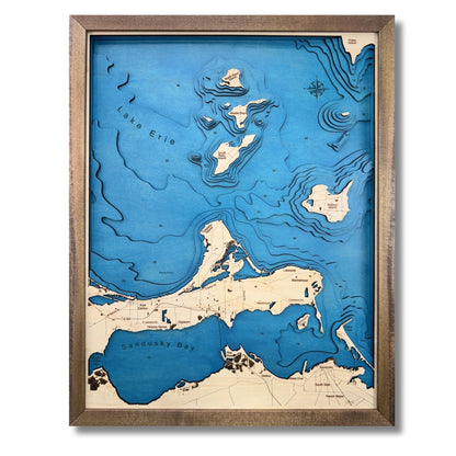 Multi water layer wooden map of Lake Erie Islands and Sandusky Bay.