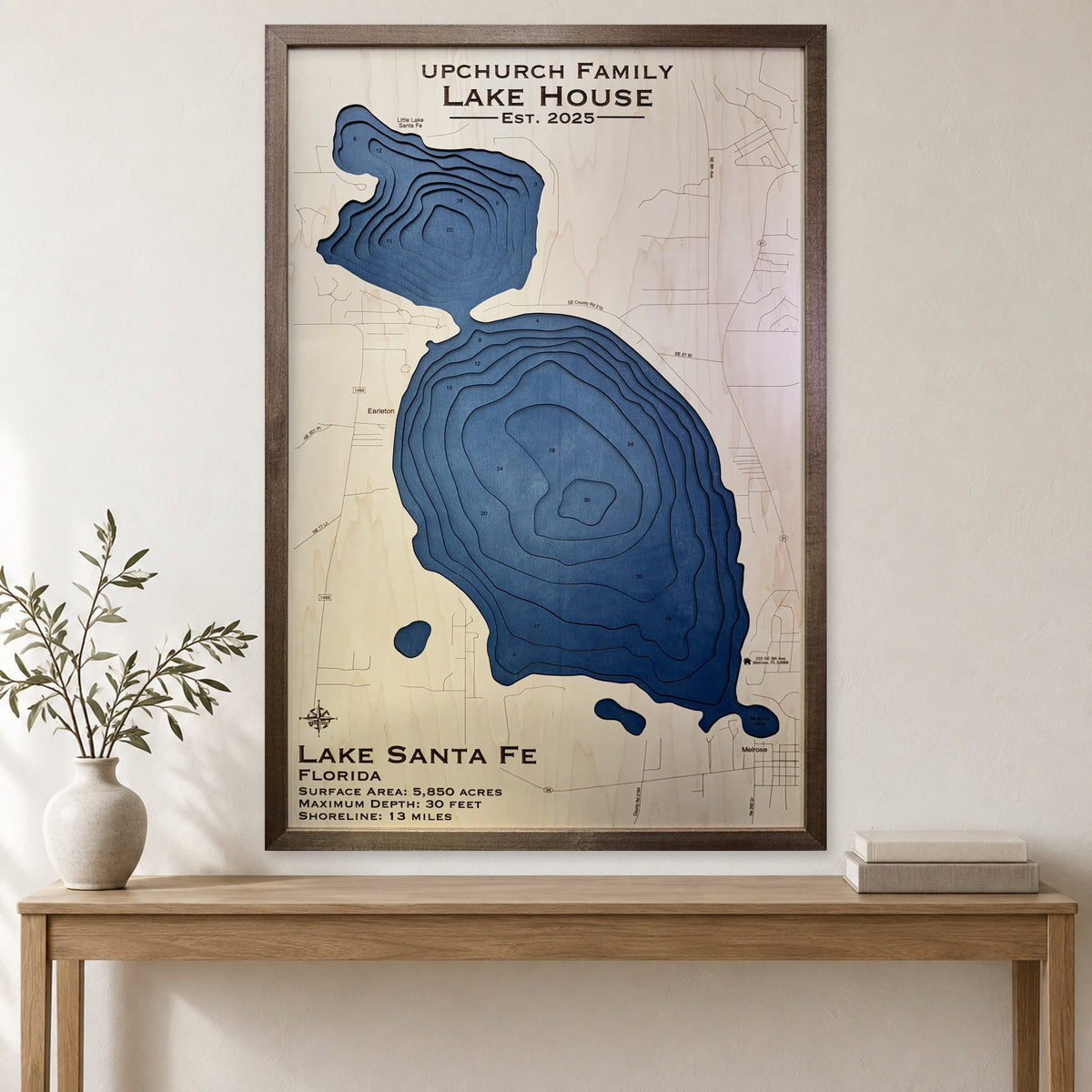 Santa Fe Upchurch wood map — multilayer, staged room mockup