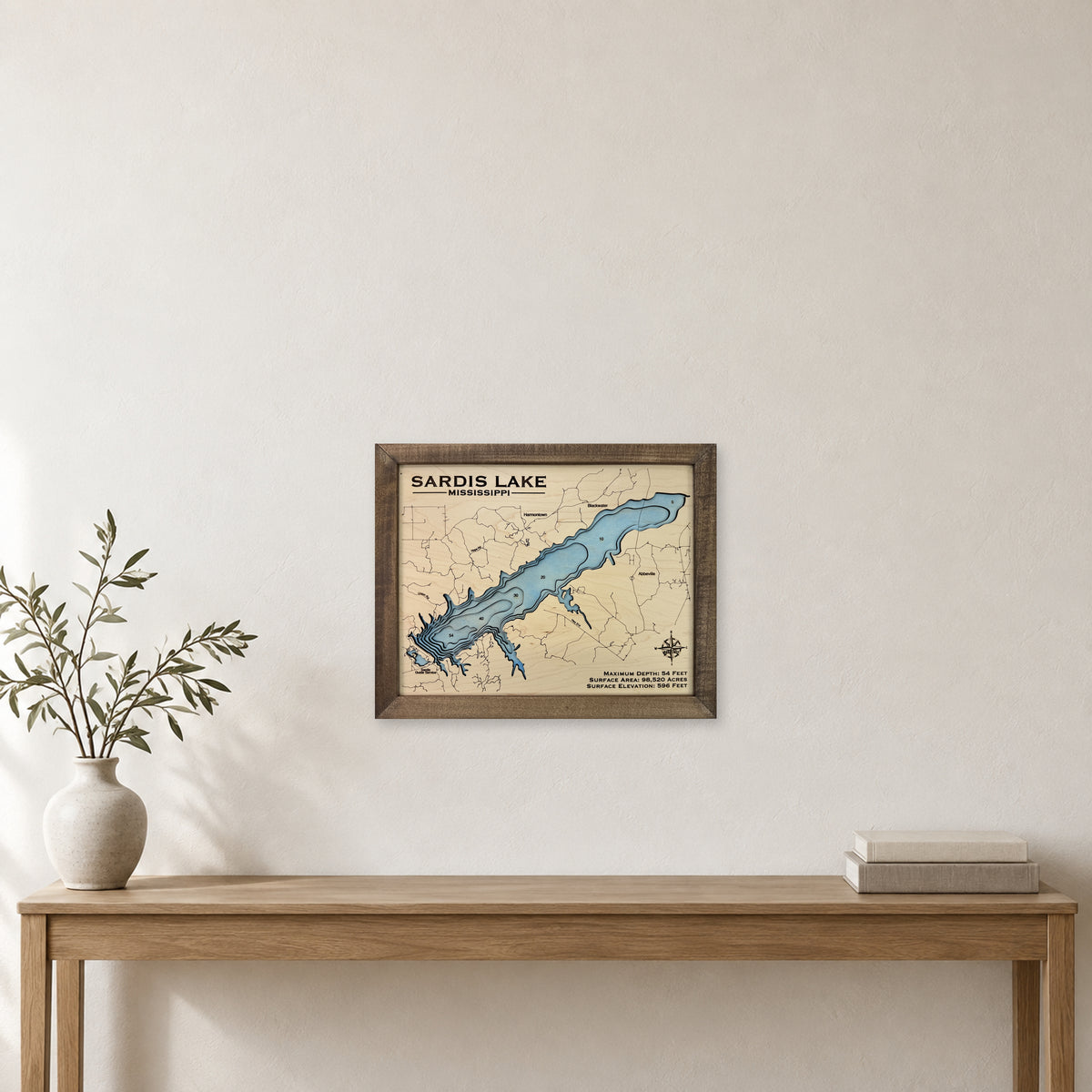 Sardis Engraved wood map — single layer with engraved contours, staged room mockup