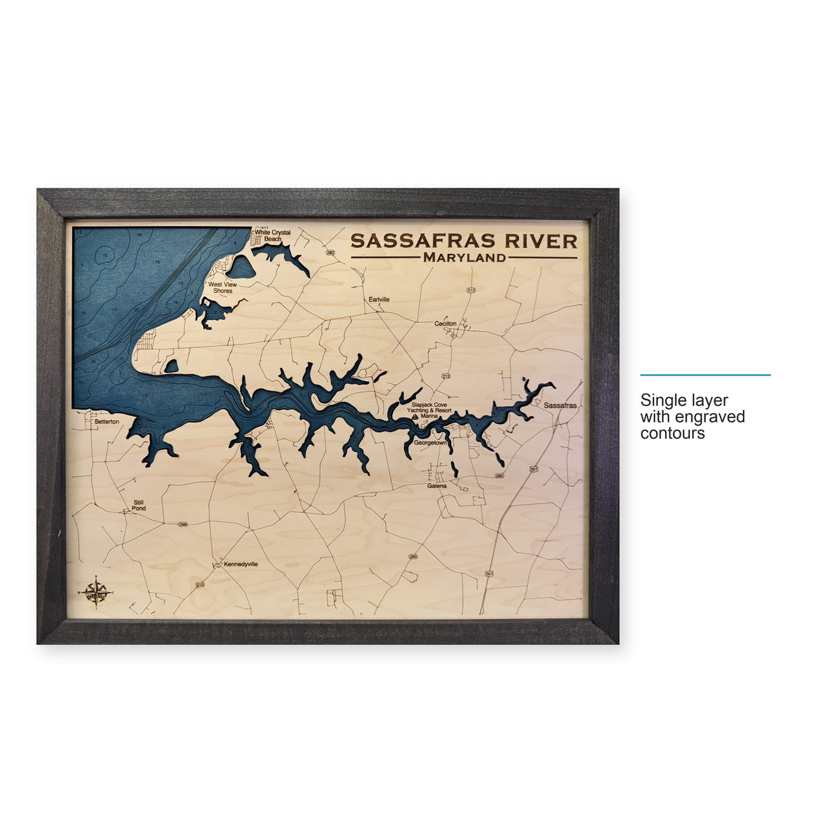 Sassafras Charcoal wood map — single layer with engraved contours, layer option shown