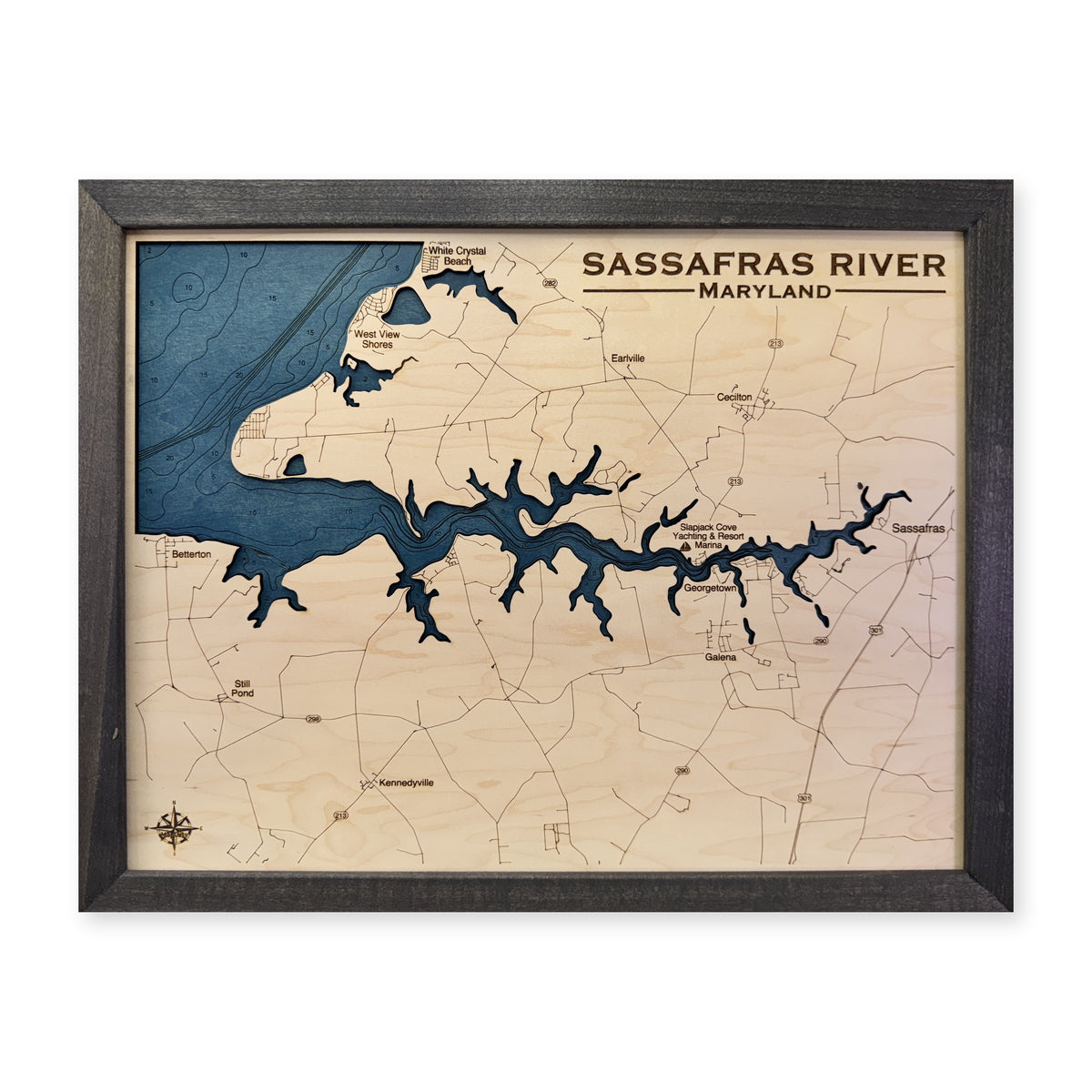 Sassafras Charcoal wood map — single layer with engraved contours, white background