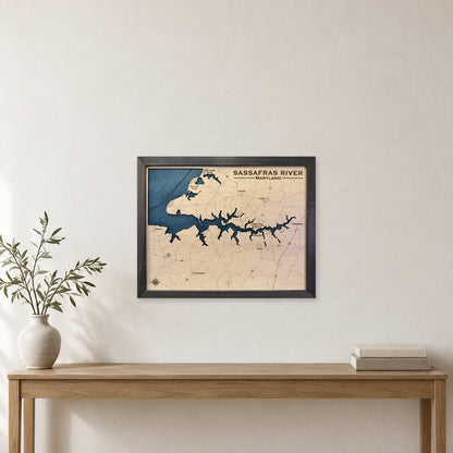 Sassafras Charcoal wood map — single layer with engraved contours, staged room mockup