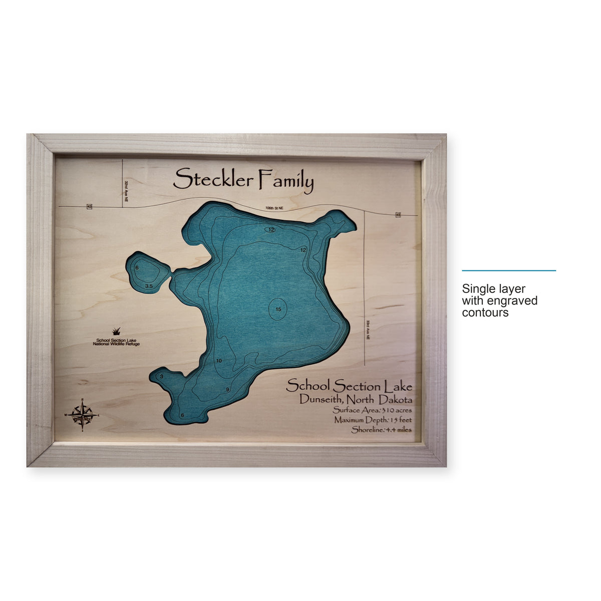 School Section Steckler wood map — single layer with engraved contours, layer option shown