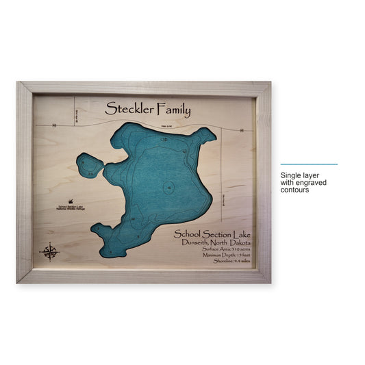 School Section Steckler wood map — single layer with engraved contours, layer option shown