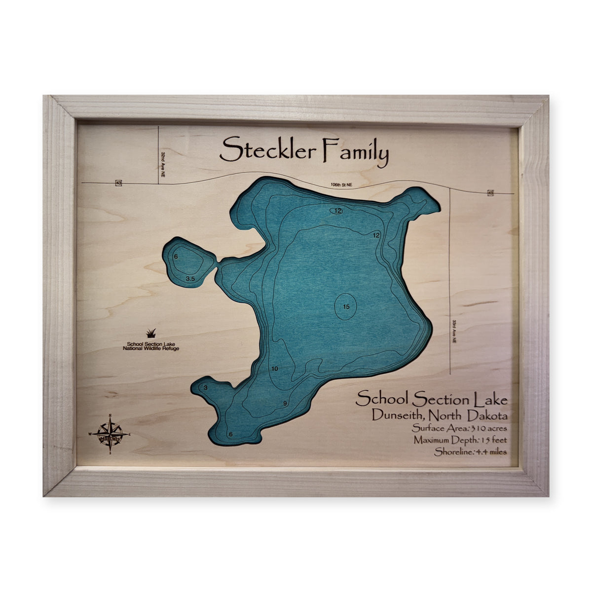 School Section Steckler wood map — single layer with engraved contours, white background