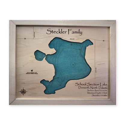 School Section Steckler wood map — single layer with engraved contours, white background