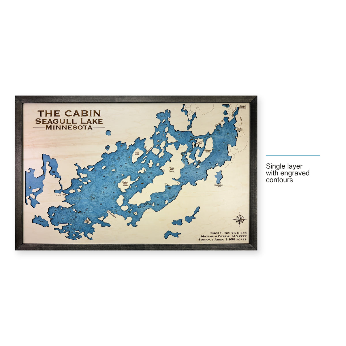 Seagull Cabin wood map — single layer with engraved contours, layer option shown