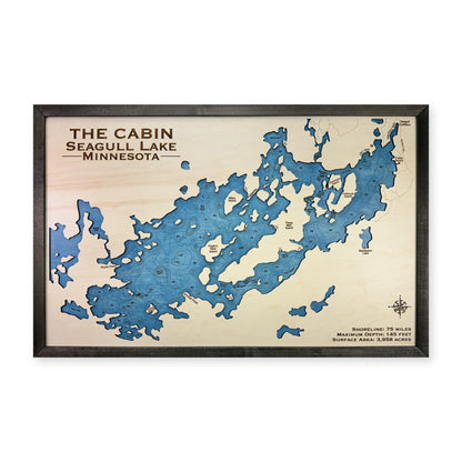Seagull Cabin wood map — single layer with engraved contours, white background