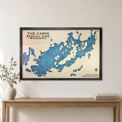 Seagull Cabin wood map — single layer with engraved contours, staged room mockup