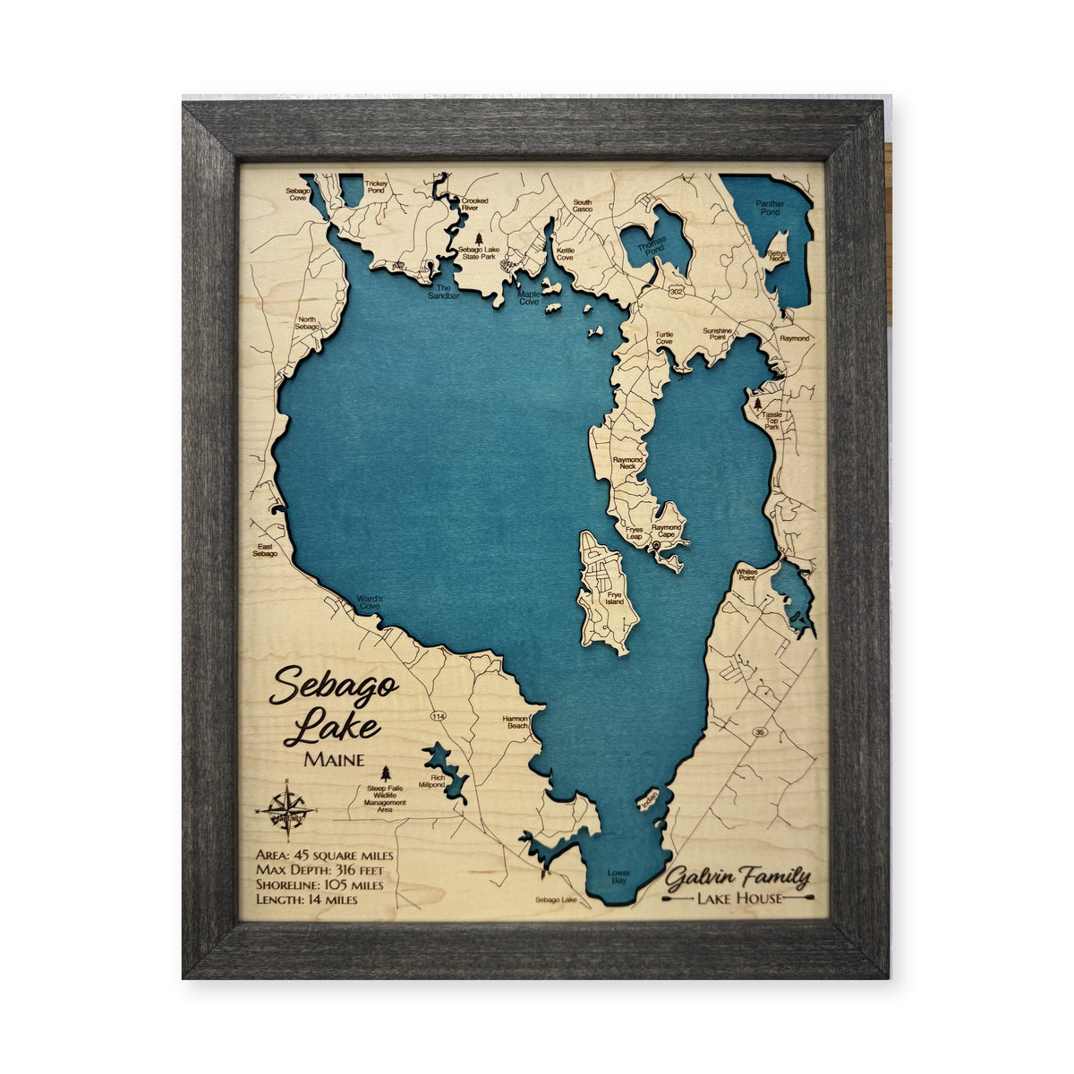 Sebago Gabrin wood map — single layer, white background