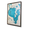 Sideview of the cut water layers on a large Sebago Lake wood map. 