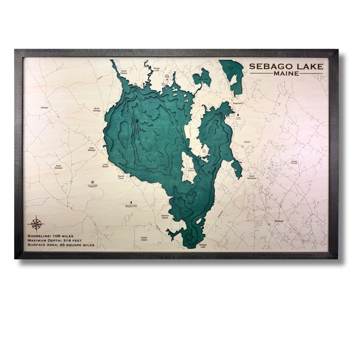 Horizontal layout of a Sebago Lake map with green water stain. 