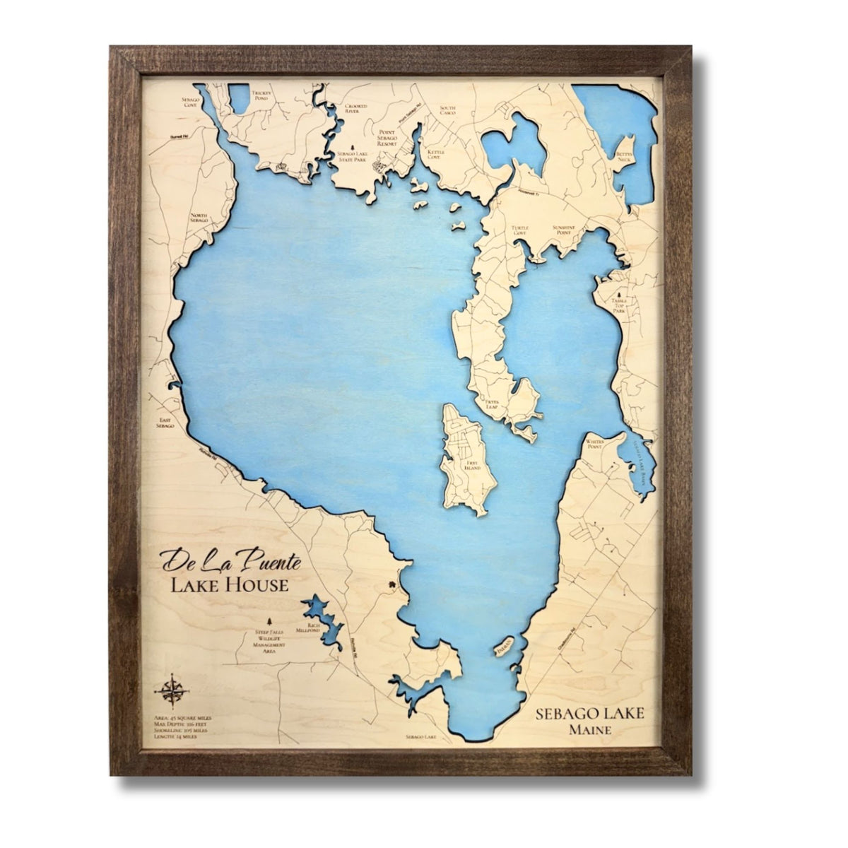 Single water layer map of Sebago Lake with light blue water stain. 