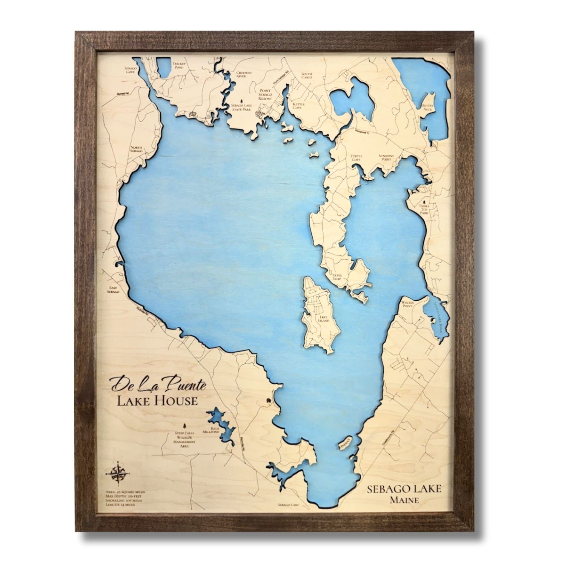 Single water layer map of Sebago Lake with light blue water stain. 