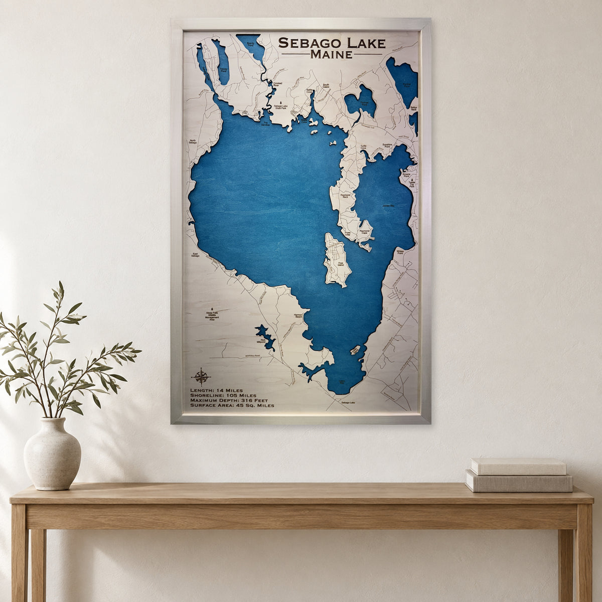 Sebago Natural Single wood map — single layer, staged room mockup