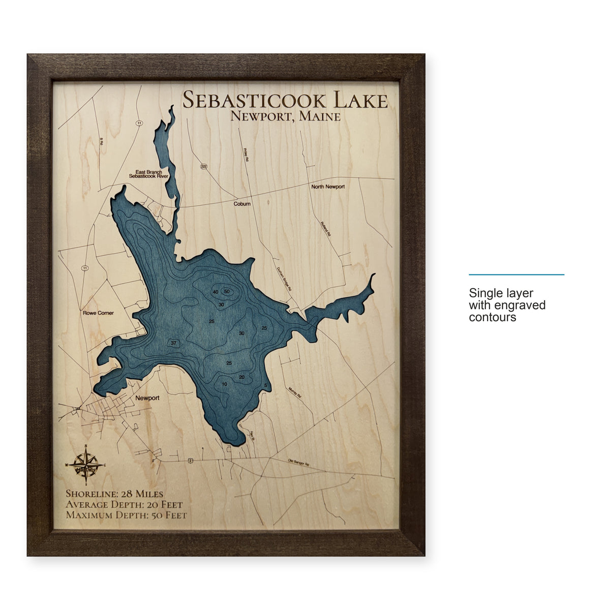 Sebasticook Evangelista wood map — single layer with engraved contours, layer option shown