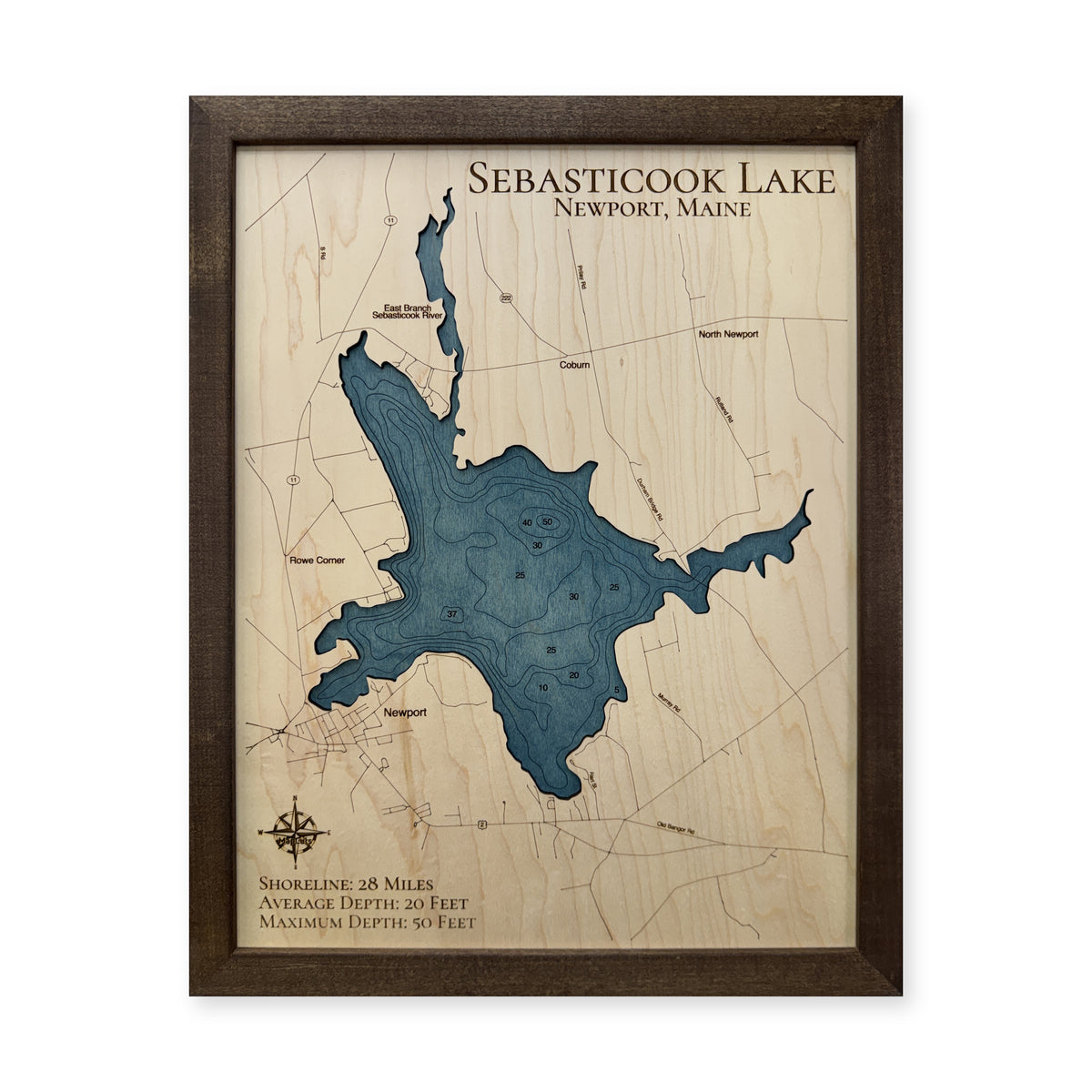 Sebasticook Evangelista wood map — single layer with engraved contours, white background