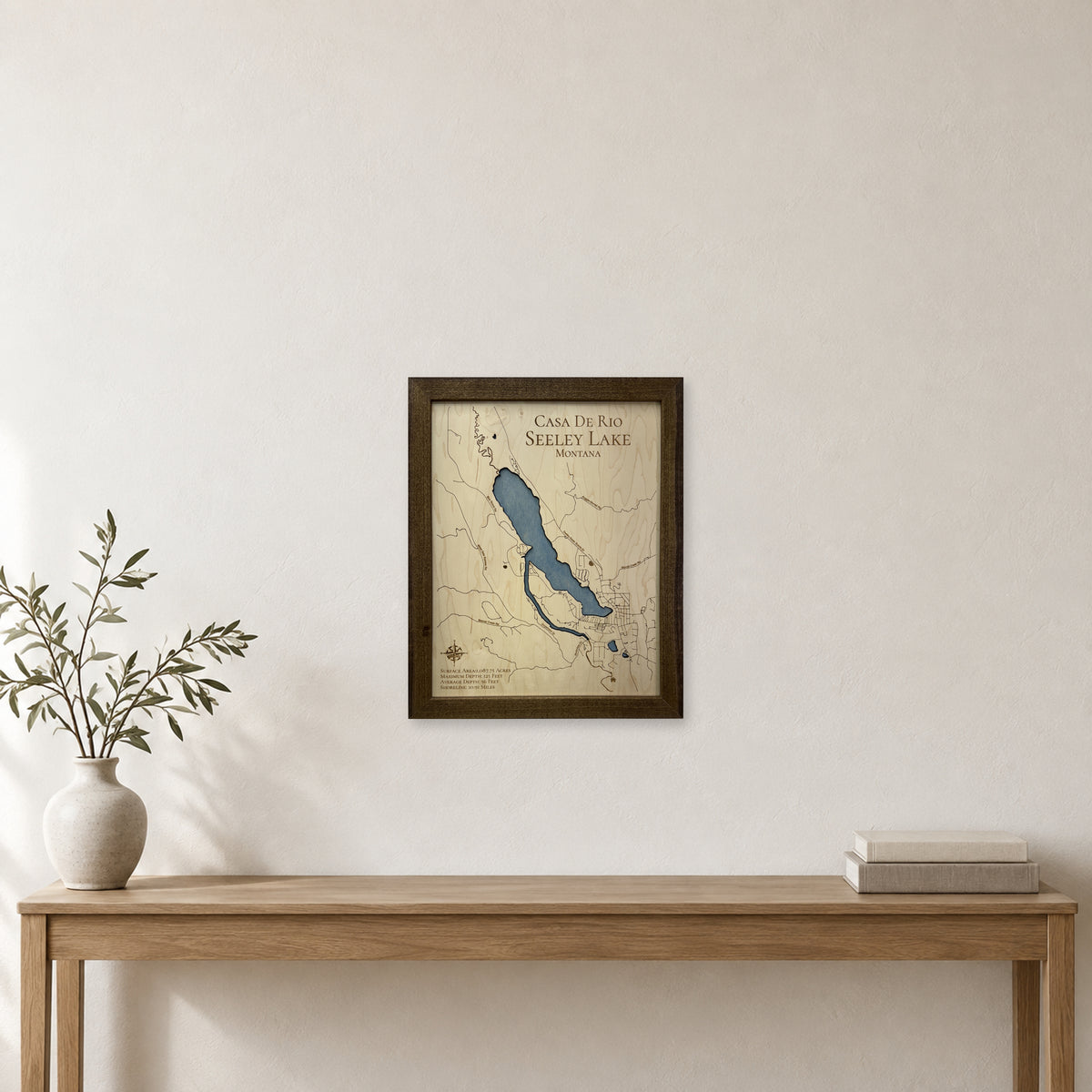 Seeley Lake Casa wood map — single layer, staged room mockup