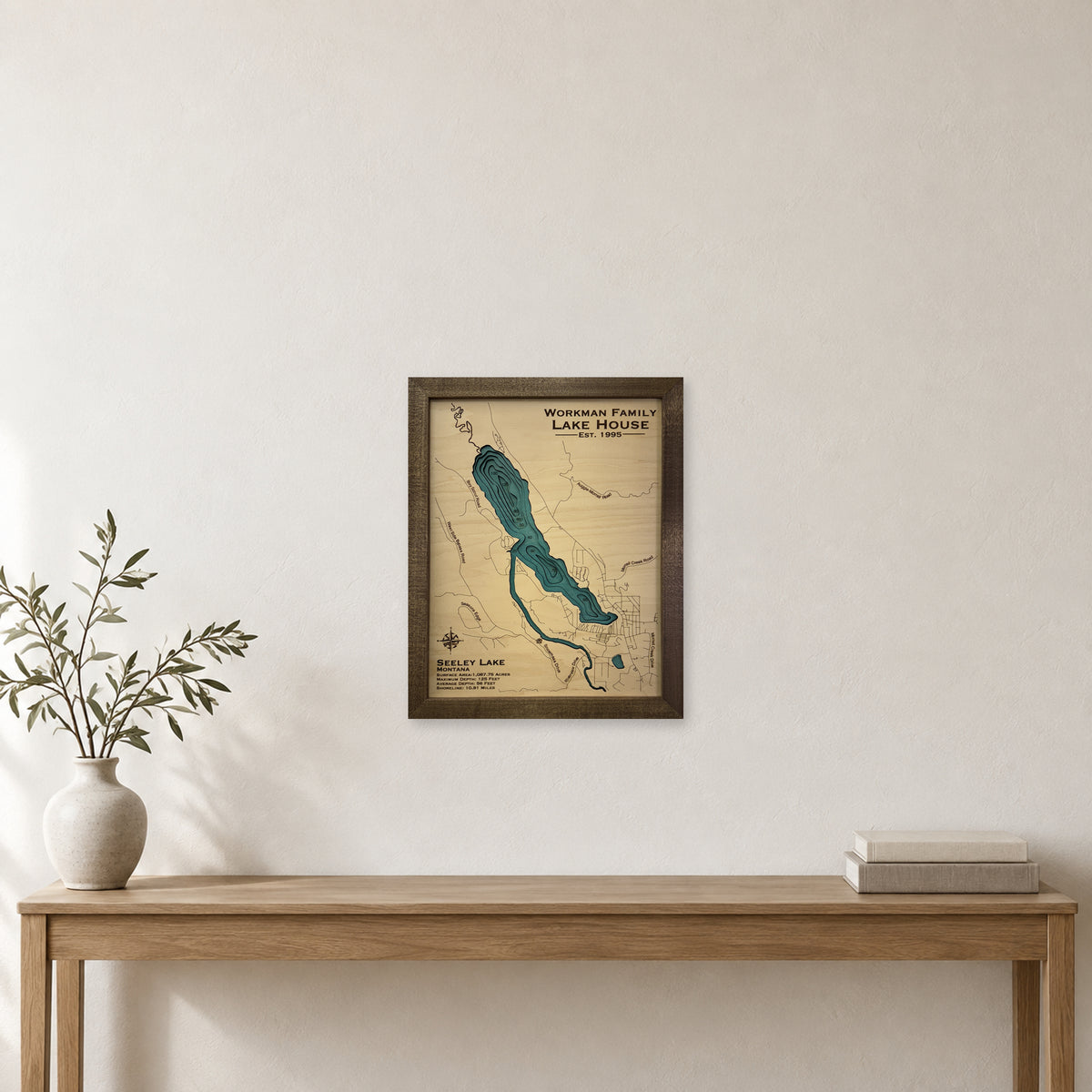 Seeley Workman wood map — multilayer, staged room mockup