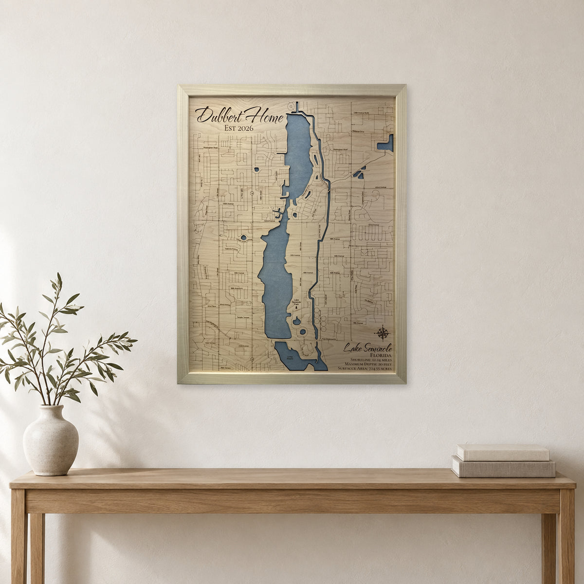 Seminole Dubbert wood map — single layer, staged room mockup