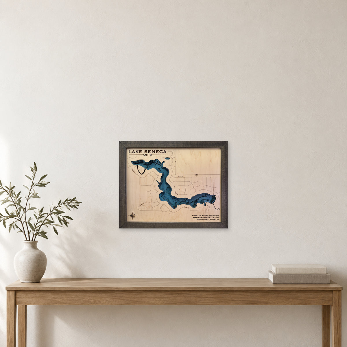 Seneca Ohio Charcoal wood map — multilayer, staged room mockup