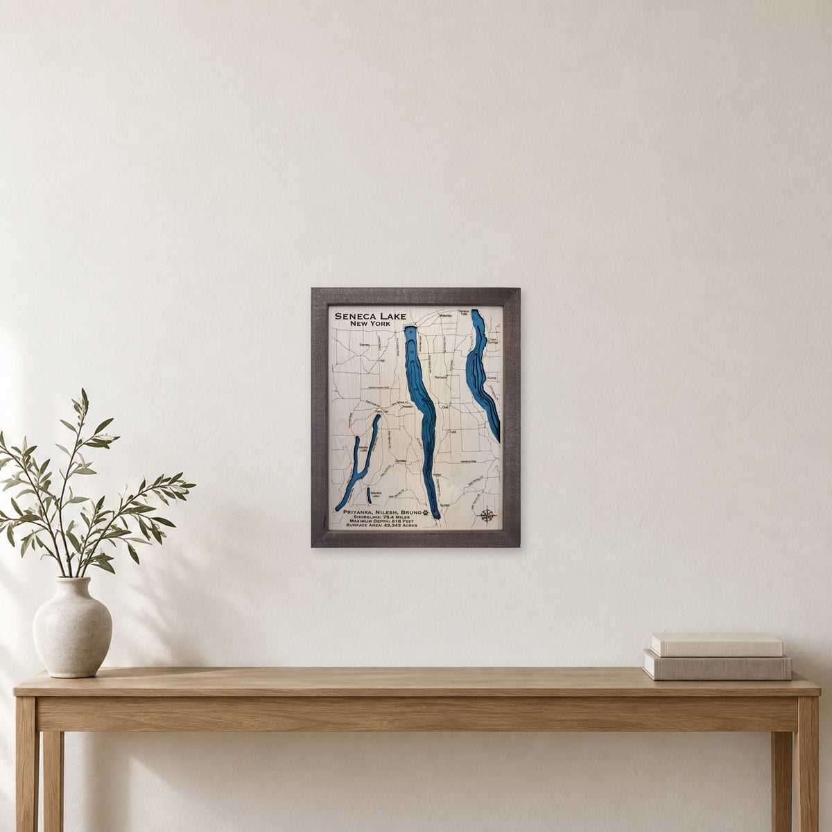 Seneca Trivedi wood map — multilayer, staged room mockup