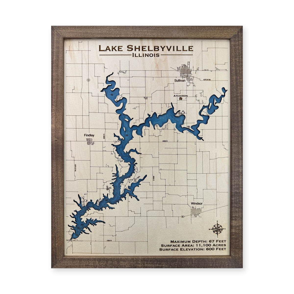 Shelbyville Engraved wood map — single layer with engraved contours, white background