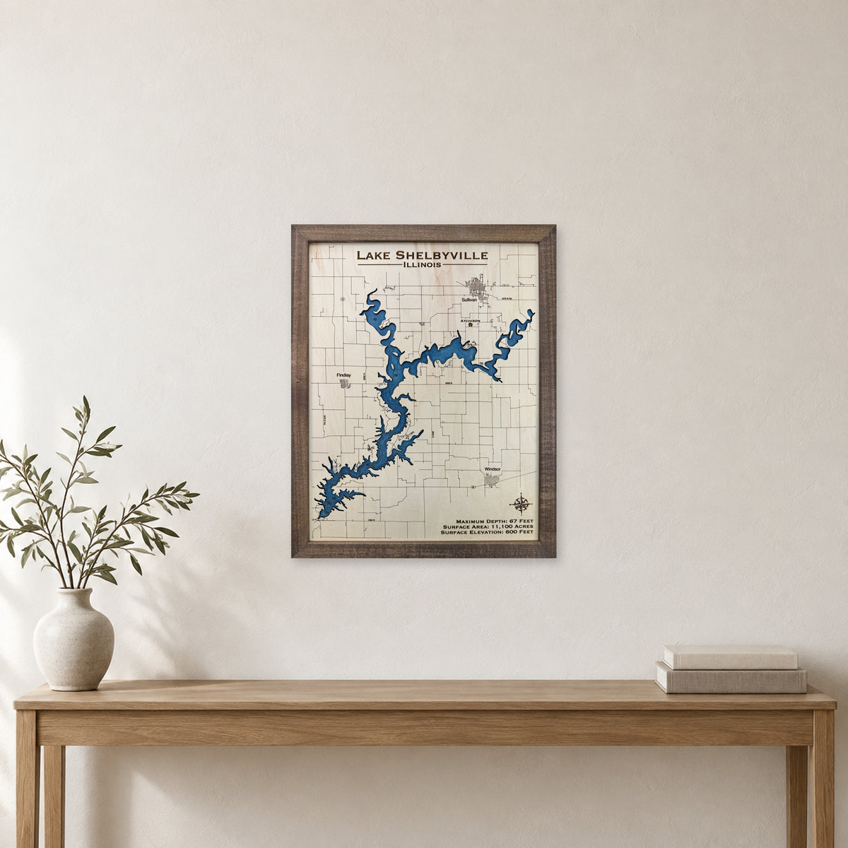 Shelbyville Engraved wood map — single layer with engraved contours, staged room mockup