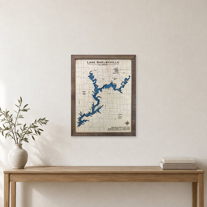 Shelbyville Engraved wood map — single layer with engraved contours, staged room mockup