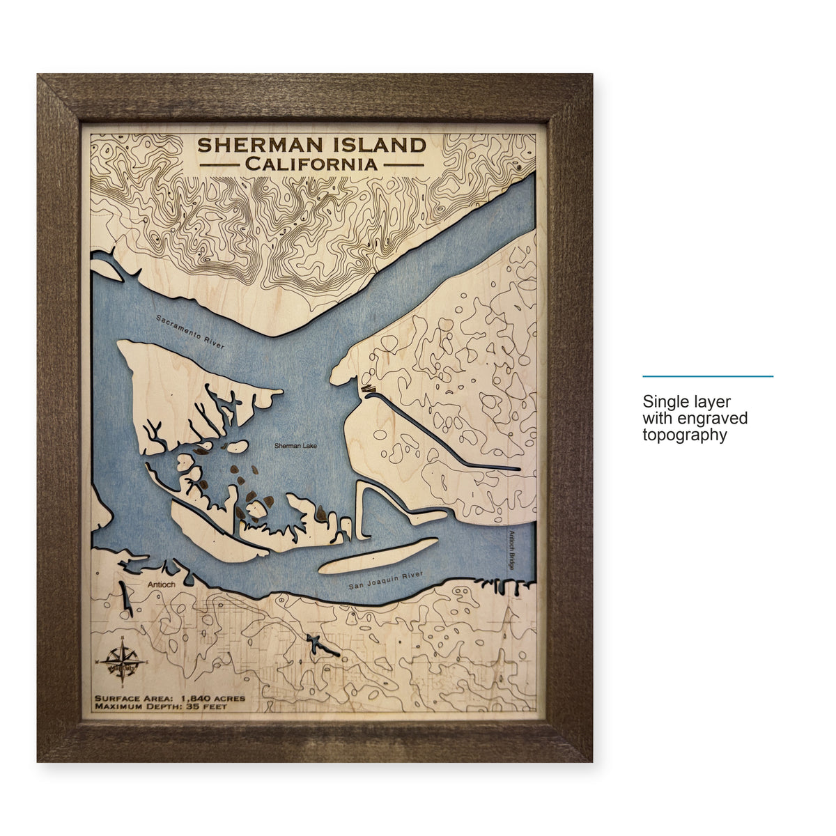 Sherman Island wood map — single layer with engraved topography, layer option shown