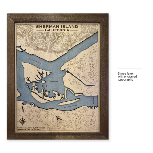 Sherman Island wood map — single layer with engraved topography, layer option shown