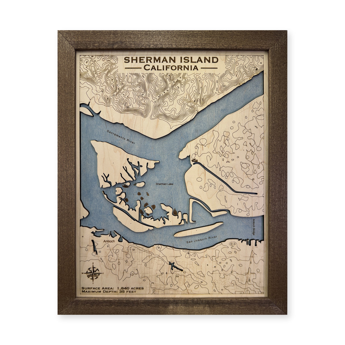 Sherman Island wood map — single layer with engraved topography, white background