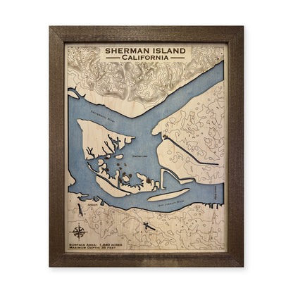 Sherman Island wood map — single layer with engraved topography, white background