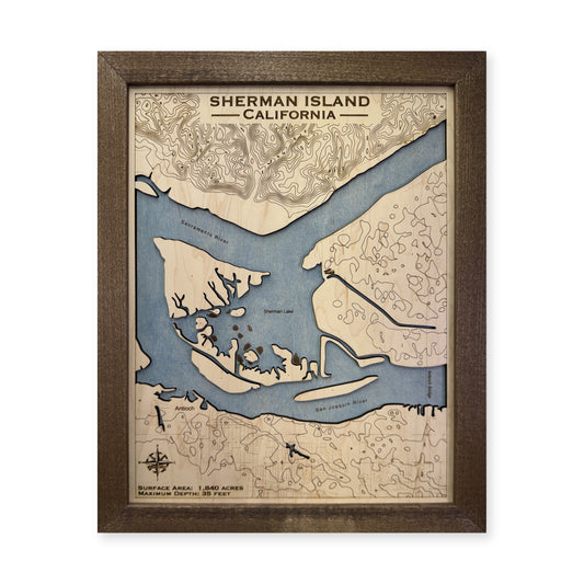 Sherman Island wood map — single layer with engraved topography, white background