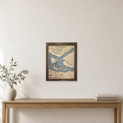 Sherman Island wood map — single layer with engraved topography, staged room mockup