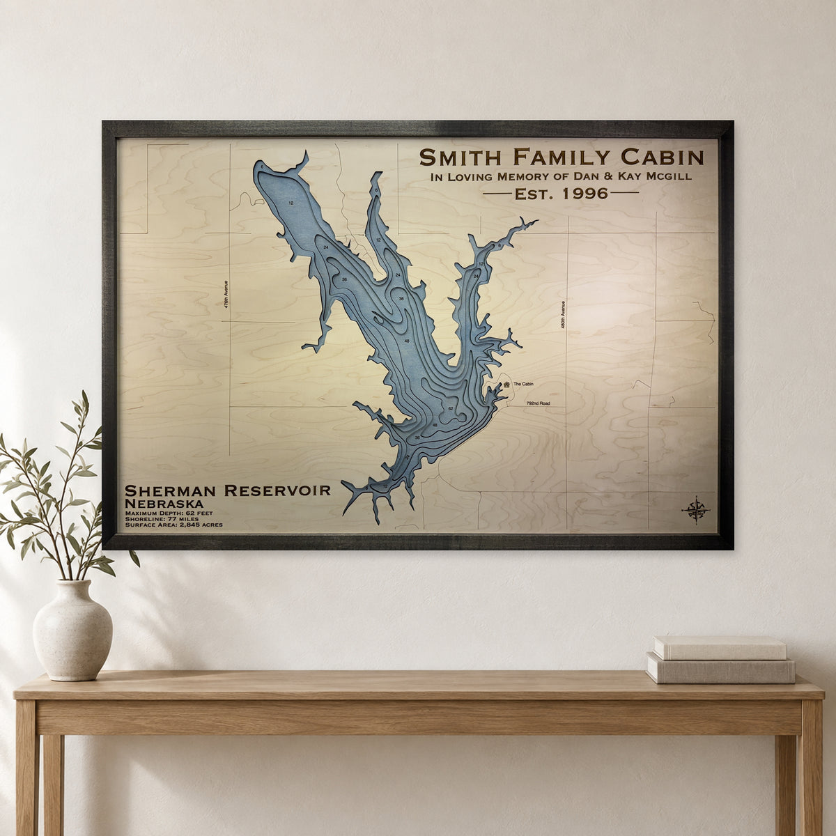 Sherman Smith wood map — multilayer, staged room mockup