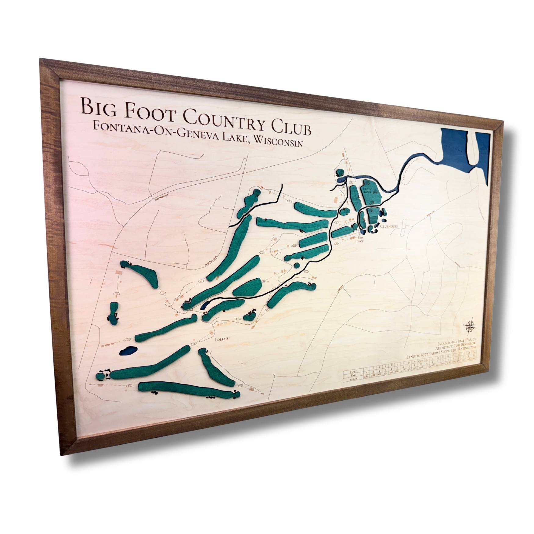 Sideview of a framed wooden golf map of Big Foot Country Club.