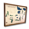 Sideview of a 3D wooden map of Catawba Island Club in Port Clinton, Ohio with a brown frame. 