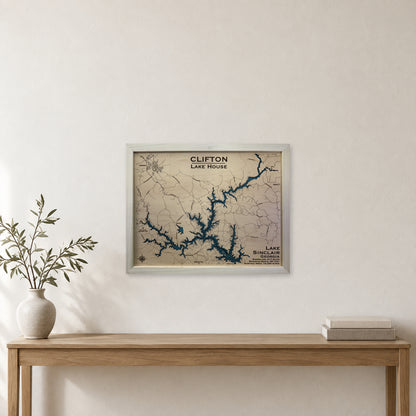 Sinclair Clifton wood map — multilayer, staged room mockup