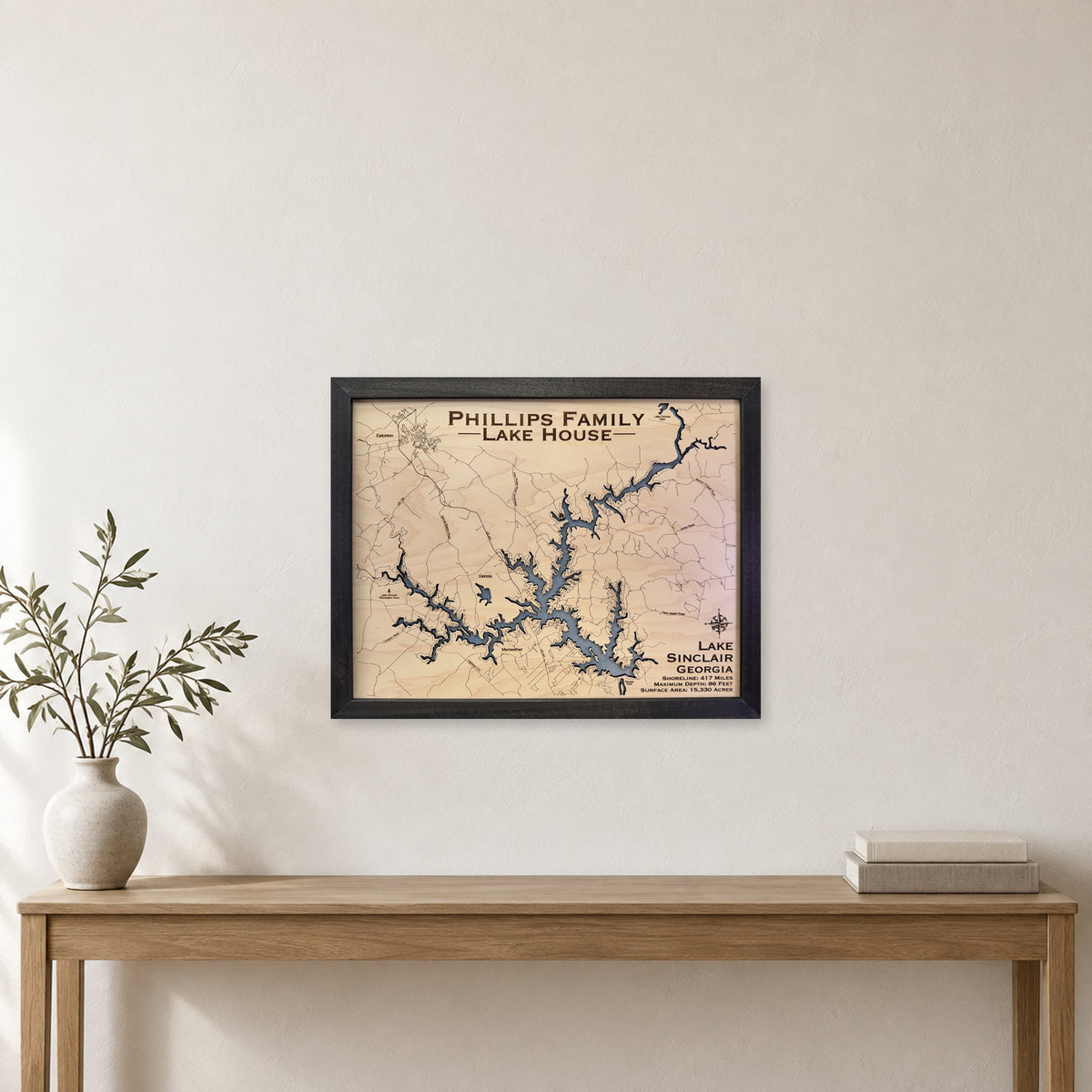 Sinclair Phillips wood map — single layer, staged room mockup