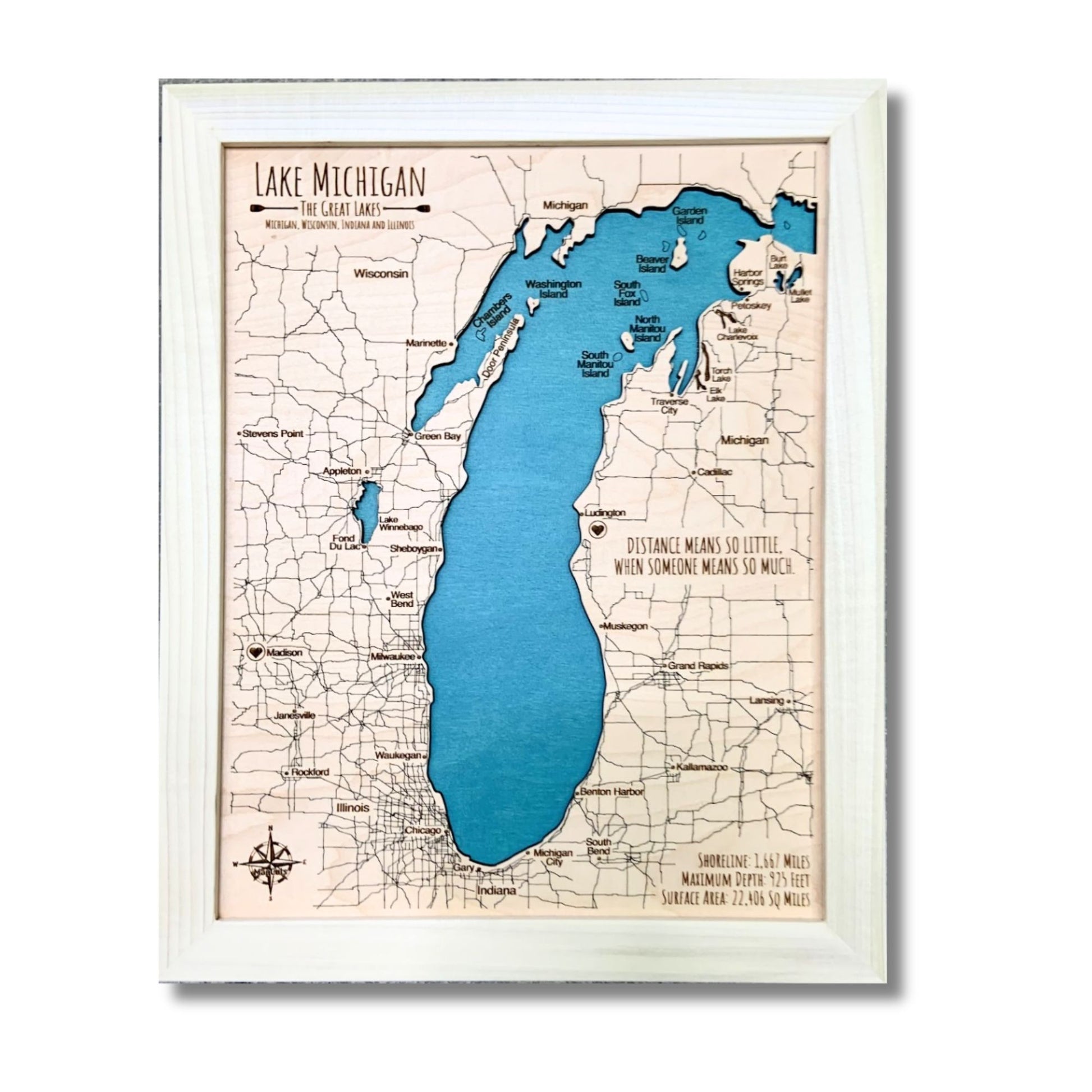 Single water layer wood map of Lake Michigan with a natural frame on a white background.