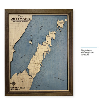 Sister Bay Dettman wood map — single layer with engraved contours, layer option shown