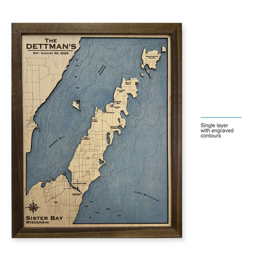 Sister Bay Dettman wood map — single layer with engraved contours, layer option shown