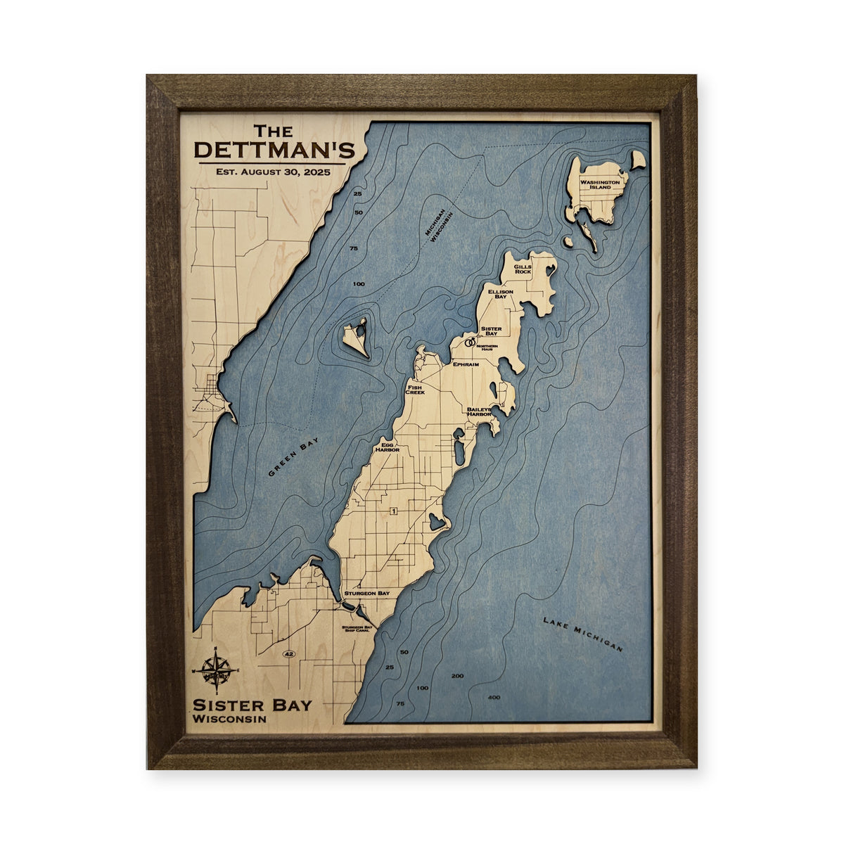 Sister Bay Dettman wood map — single layer with engraved contours, white background