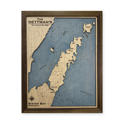 Sister Bay Dettman wood map — single layer with engraved contours, white background