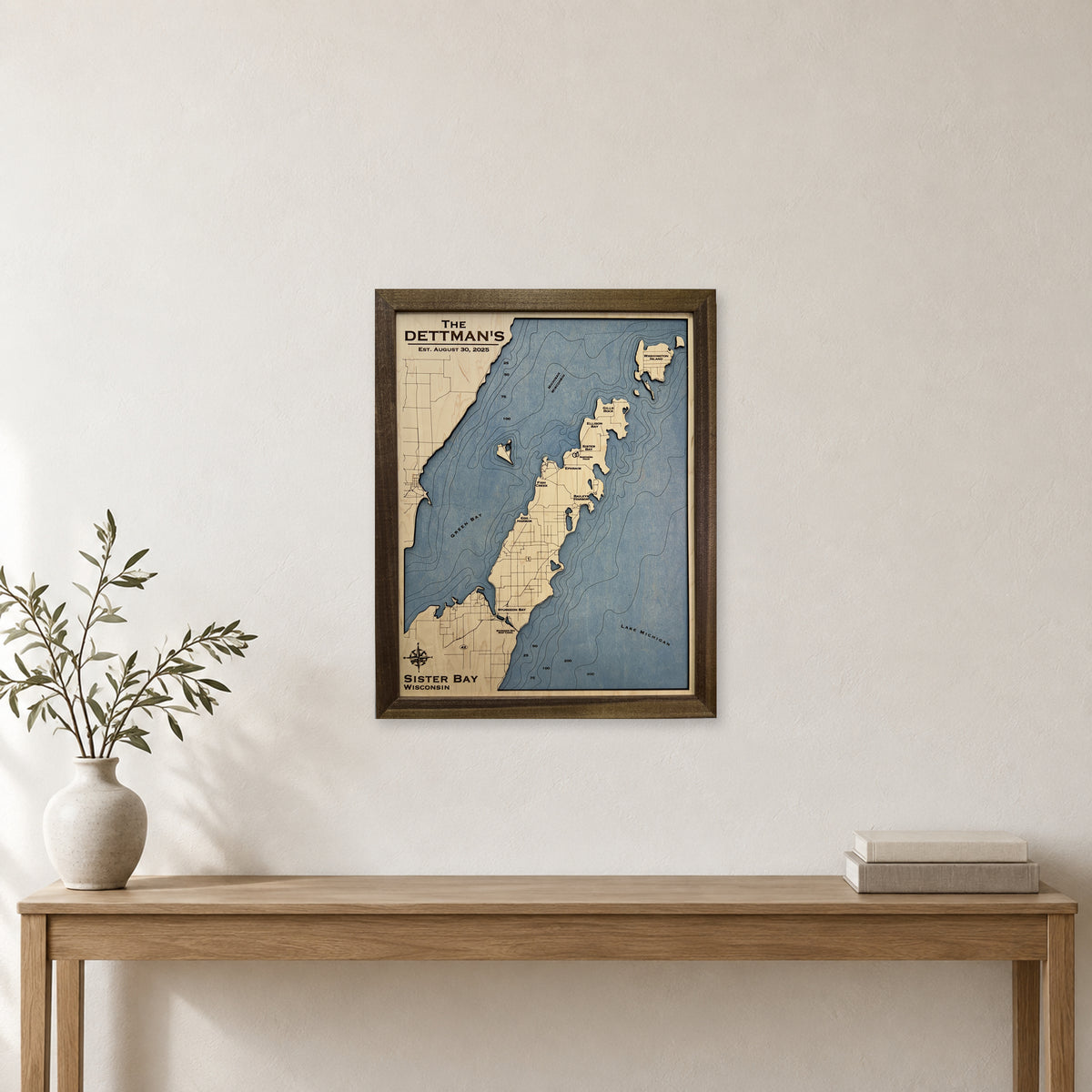 Sister Bay Dettman wood map — single layer with engraved contours, staged room mockup