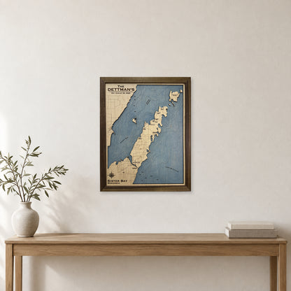 Sister Bay Dettman wood map — single layer with engraved contours, staged room mockup