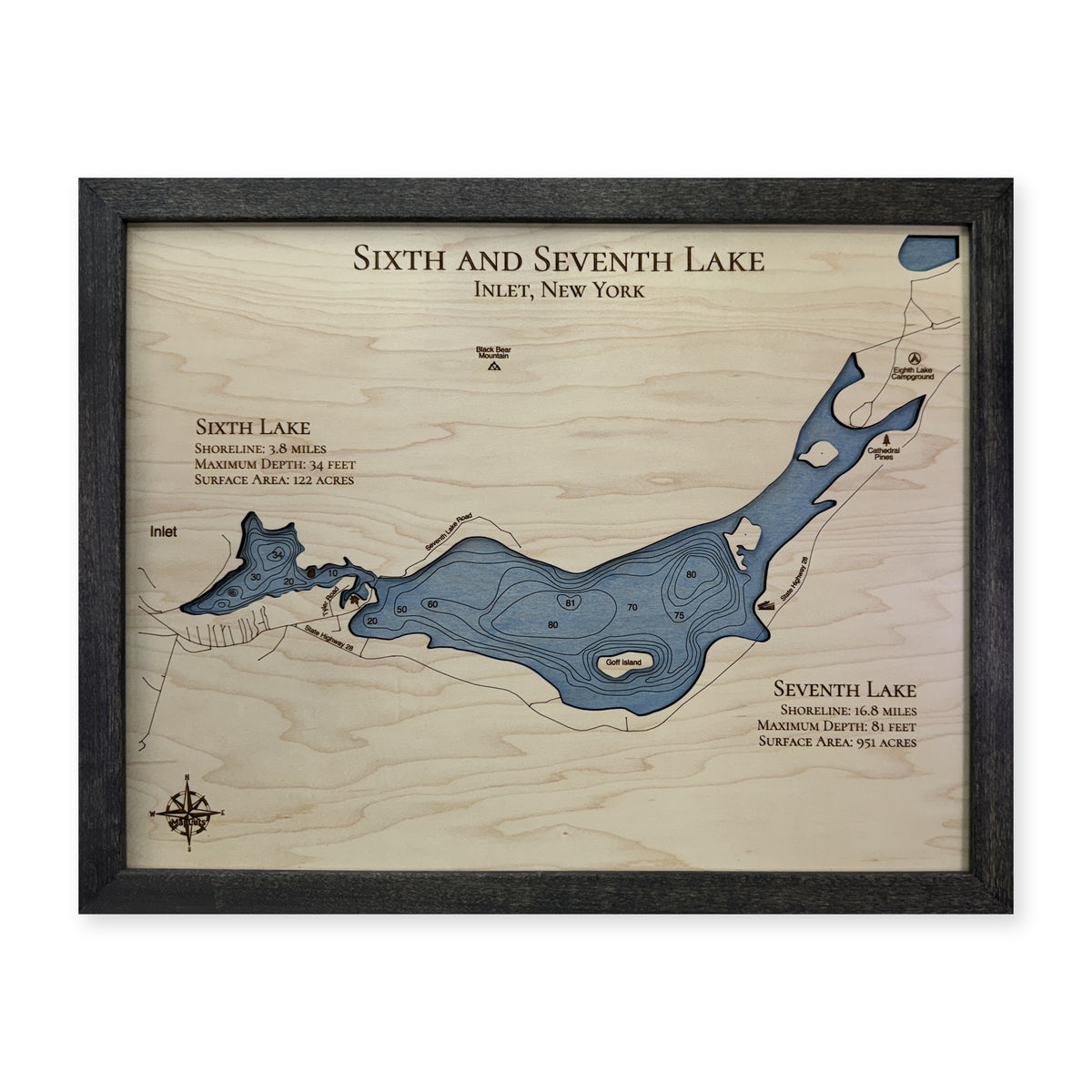 Sixth Seventh Dinatale wood map — single layer with engraved contours, white background