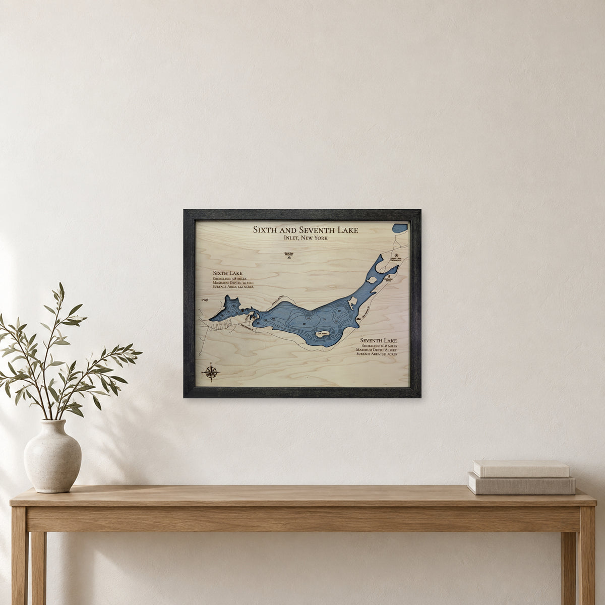 Sixth Seventh Dinatale wood map — single layer with engraved contours, staged room mockup
