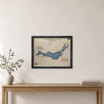 Sixth Seventh Dinatale wood map — single layer with engraved contours, staged room mockup